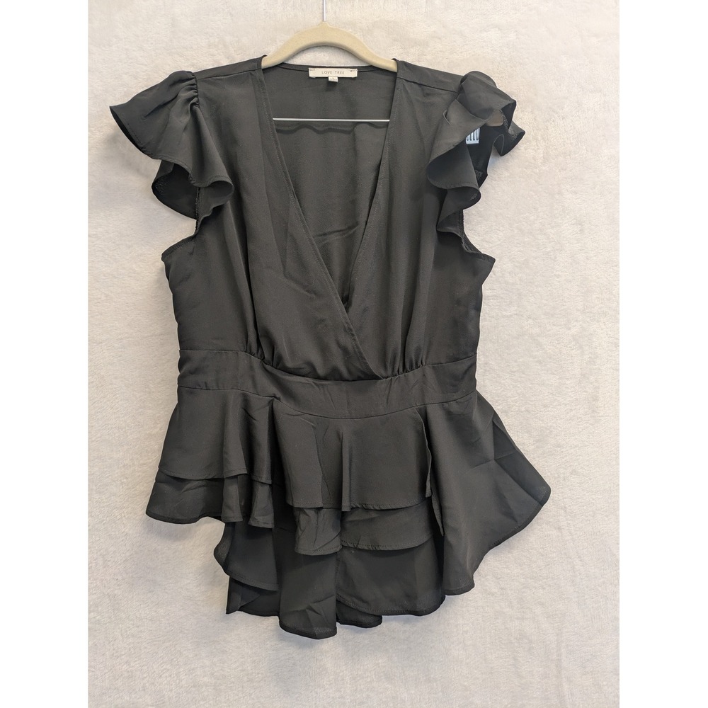 Love Tree Black Ruffle Sleeve Peplum Blouse Top Womens S Career Party Elegant